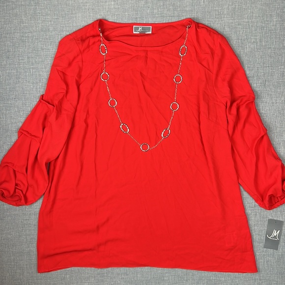 JM Collection Red Pintuck Sleeve Necklace Top Sizes Large & XL - Picture 2 of 5